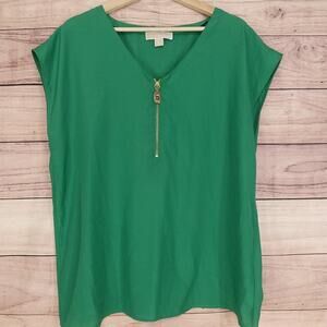 Michael Kors Shirt Womens XL Green Zip Front V Neck Gold Hardware Blouse Top